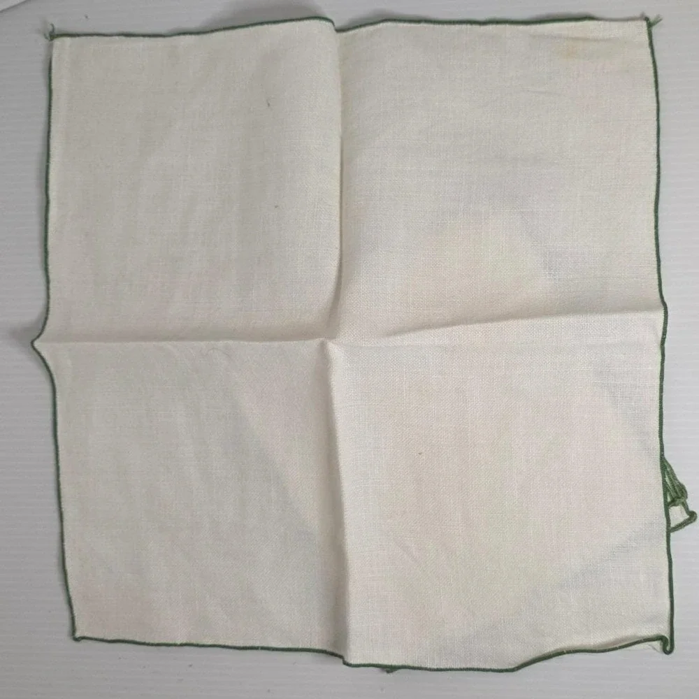 Vintage Linen Napkins Set‎ of 2 Green Trimmed Hand Sewn Square Napkins